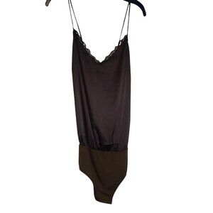 Blu Pepper Silky Cami Bodysuit Olive V-Neck Lacy Hippie Festival M Adjustable